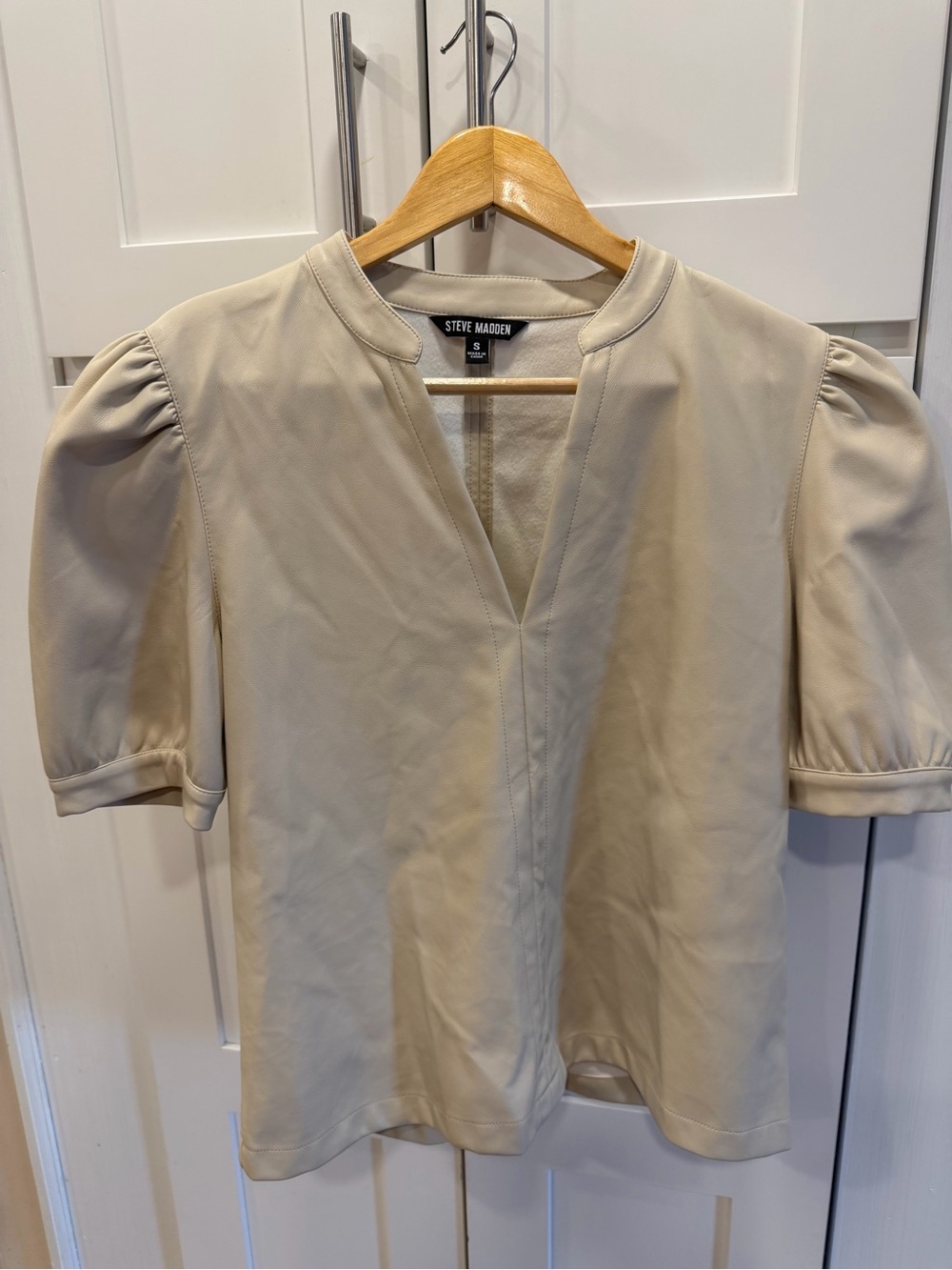 Steve Madden faux leather Neutral Puff-Sleeve V-Neck Blouse
